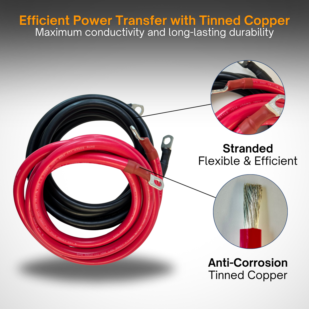 2/0 AWG Solar Battery Extension Cable - Inverter And Battery Cable 2/0awg | Tinned Copper | 200ah| Red And Black 10FT Each