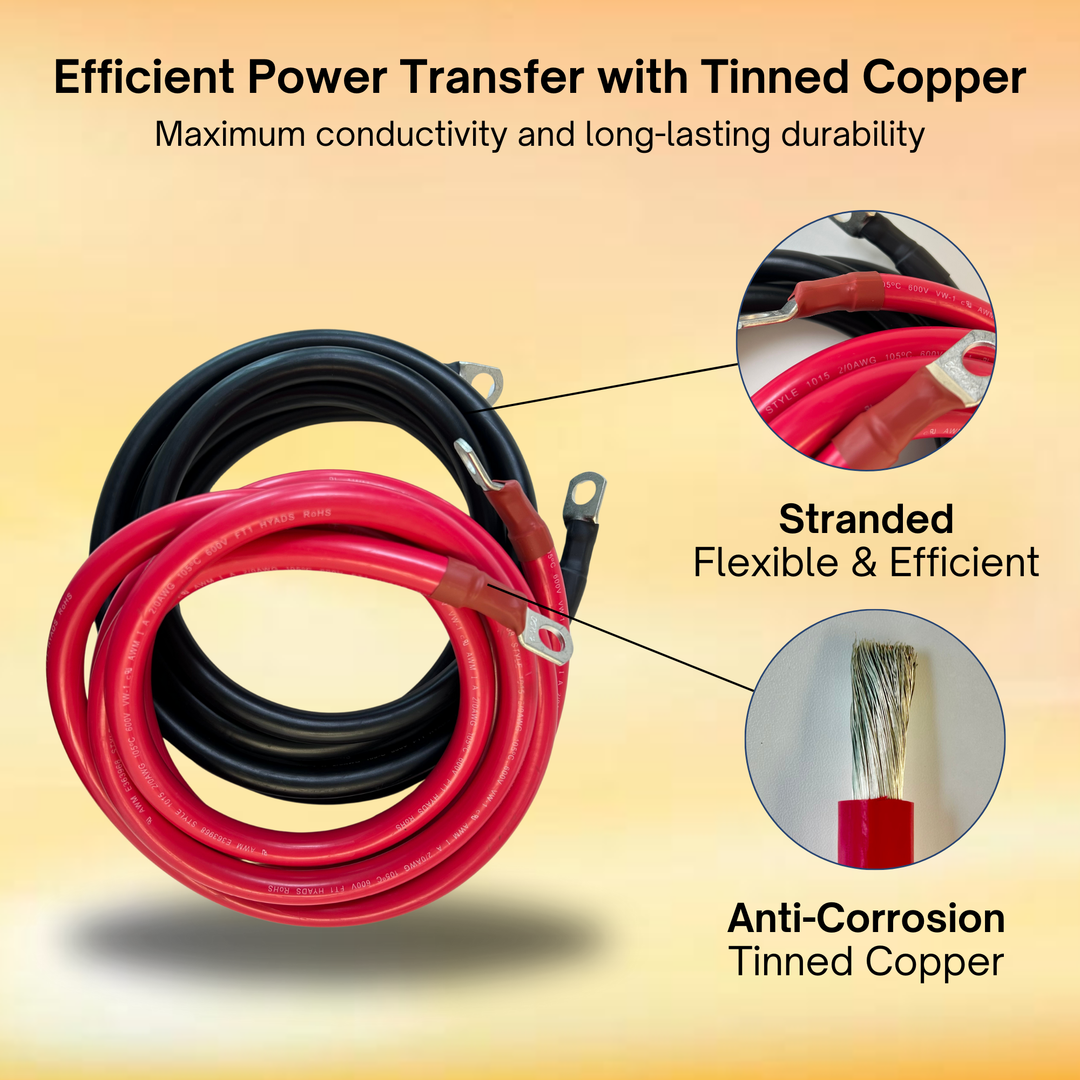 2/0 AWG Solar Battery Extension Cable - Inverter And Battery Cable 2/0awg | Tinned Copper | 200ah| Red And Black 10FT Each