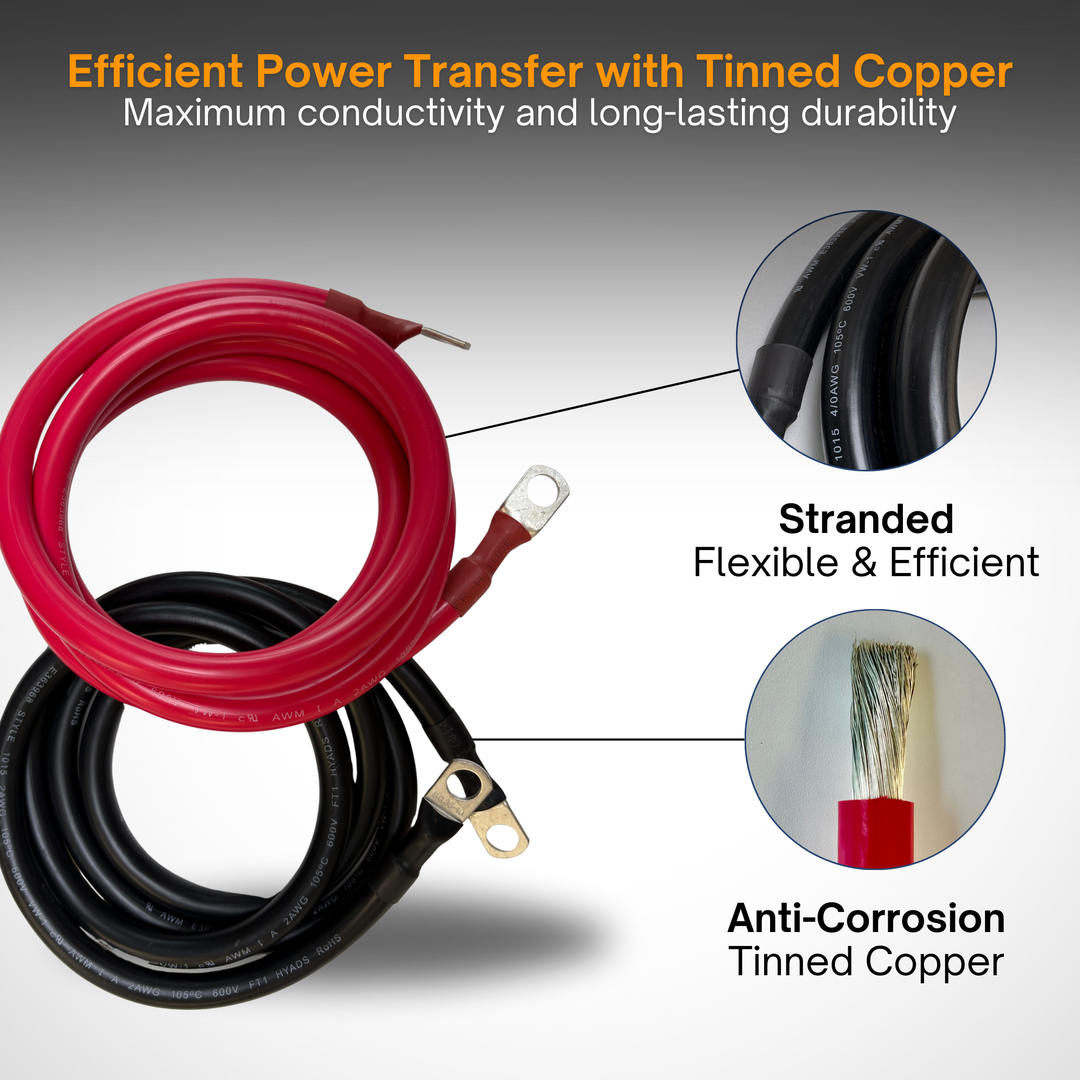 2 AWG Solar Battery Extension Cable - Inverter and Battery Cable 2awg | Tinned Copper 125ah | Red And Black 5FT Each