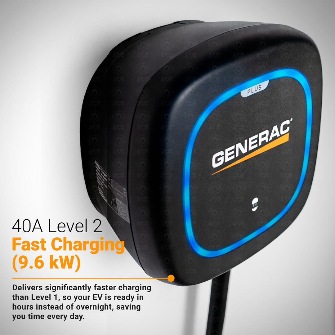 Generac Level 2 Plus EV Charger 40A (9.6kW) | Smart Home EV Charging Station | 240V NEMA 14-50 / Hardwired | Wi-Fi & Bluetooth App Control | Power Boost & Load Management | SAE J1772 | 25ft Cable | Indoor/Outdoor NEMA 4 | Matte Black