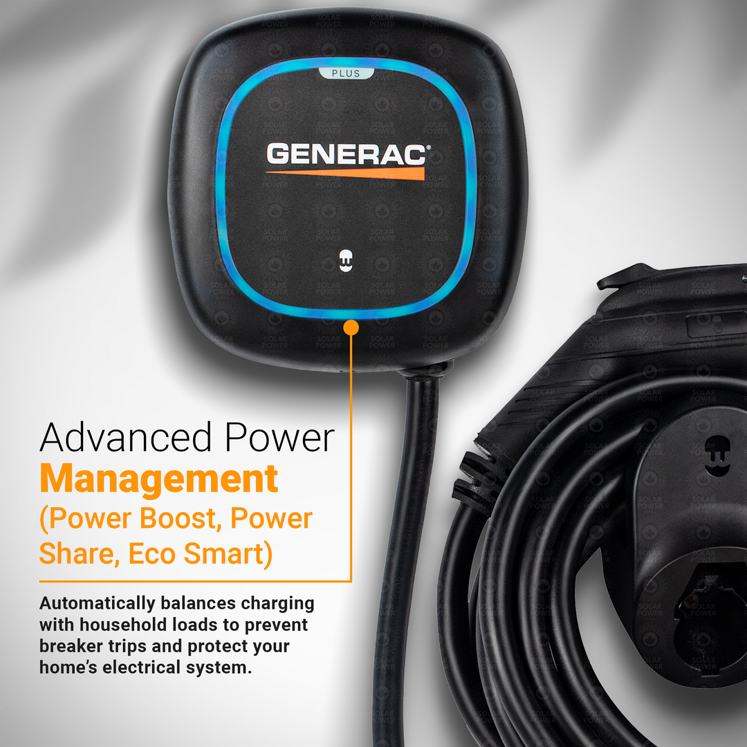 Generac Level 2 Plus EV Charger 40A (9.6kW) | Smart Home EV Charging Station | 240V NEMA 14-50 / Hardwired | Wi-Fi & Bluetooth App Control | Power Boost & Load Management | SAE J1772 | 25ft Cable | Indoor/Outdoor NEMA 4 | Matte Black