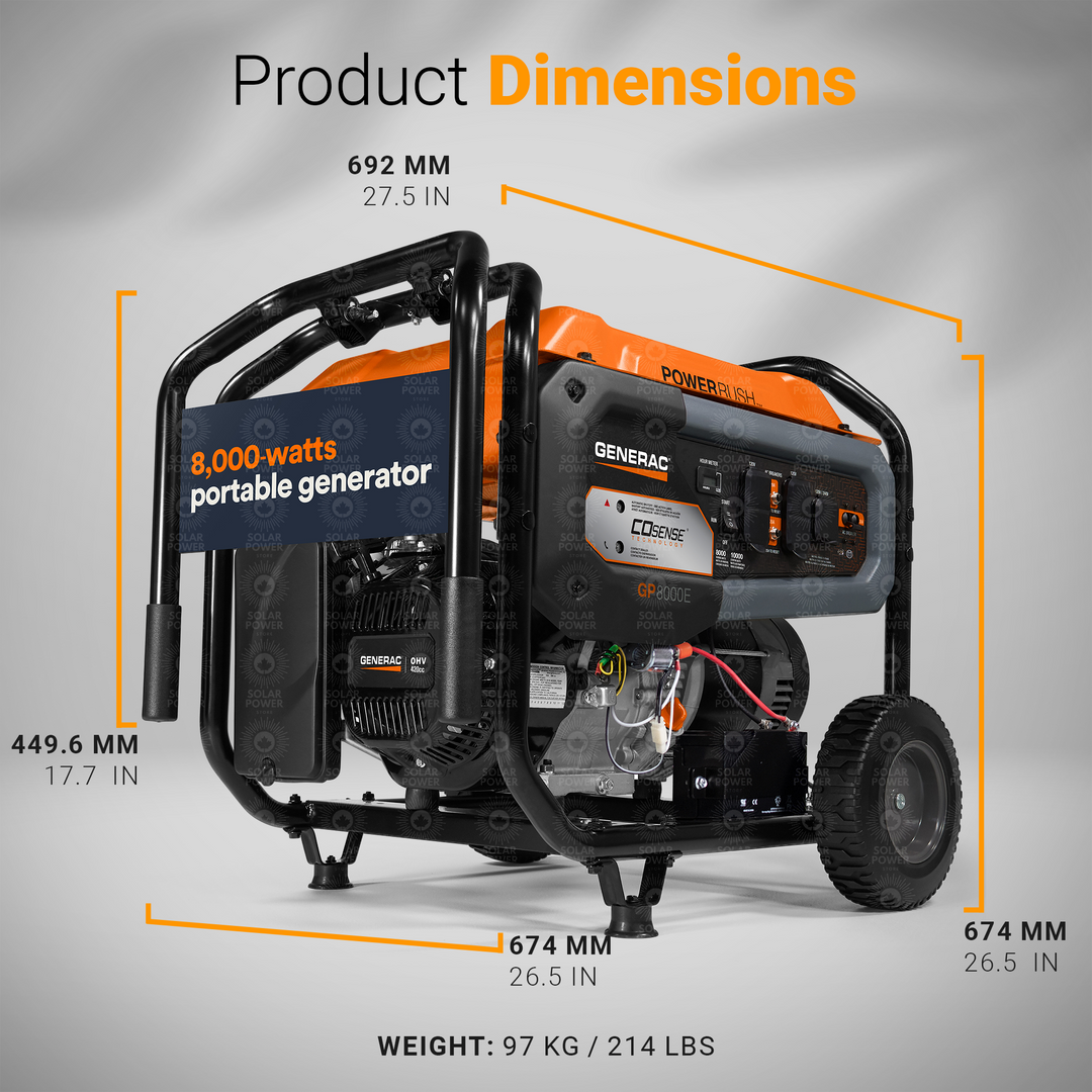 Generac GP8000E Portable Generator | 8000W High-Efficiency Backup Generator | Electric Start and COSense CO Protection | CSA Certified