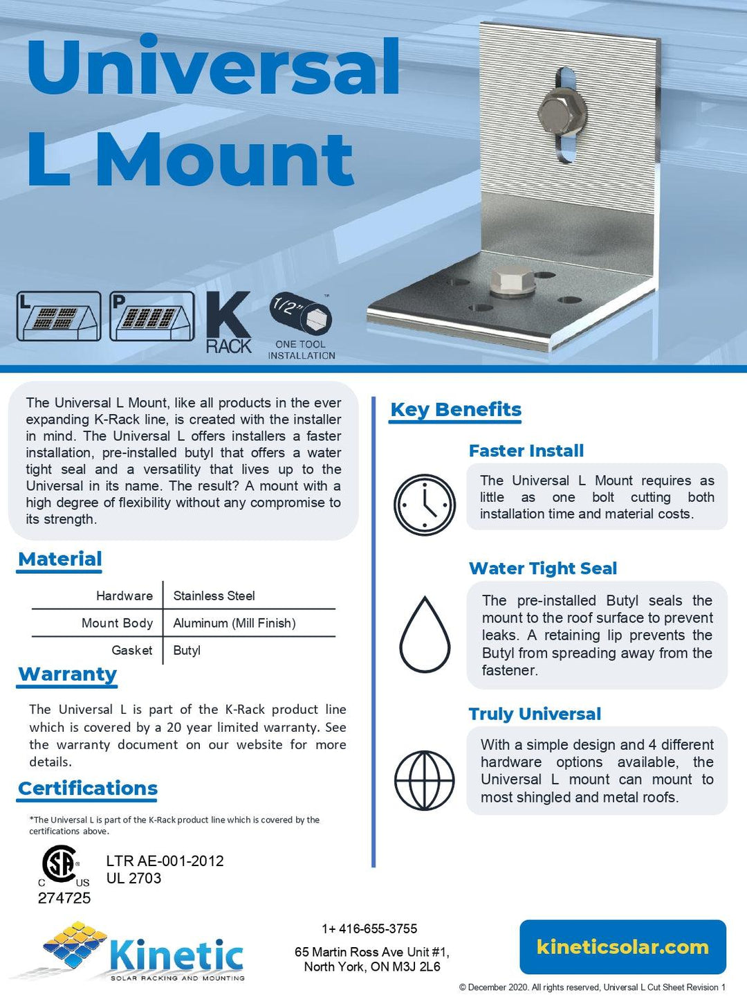 Kinetic Solar KVLM-NH-MM Universal L Mount, No Mounting Hardware