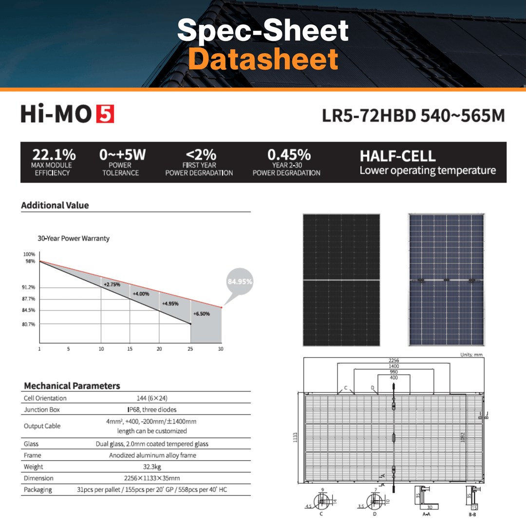 LONGi LR5-72HBD-540M 540W Bifacial Solar Panel | IP68 Rating Junction Box