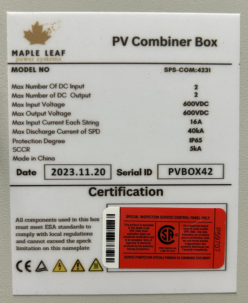 Maple Leaf Solar Combiner Box - 600 VDC Disconnect Box 2-In 2-Out | W/ Surge Protection | IP65 Waterproof & Lightning Arrester