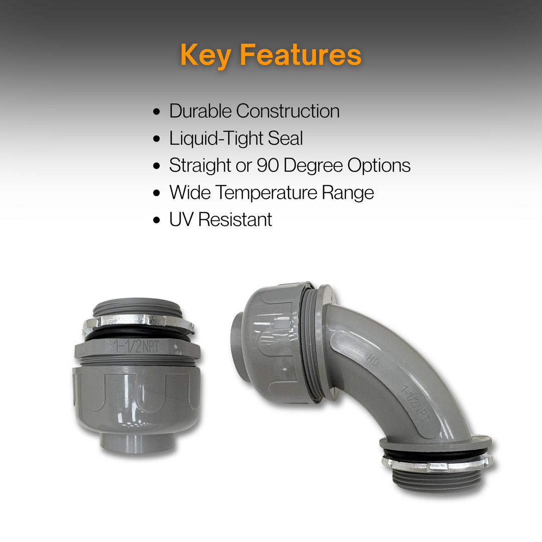 Anamet Liquid Tight Fittings Non-Metallic Connector - 3-Piece -  2", 1 1/2", 1 1/4", 1", 3/4", 1/2"  - Straight or 90-Degree Swivel - For Electrical Conduit - NMLT Series