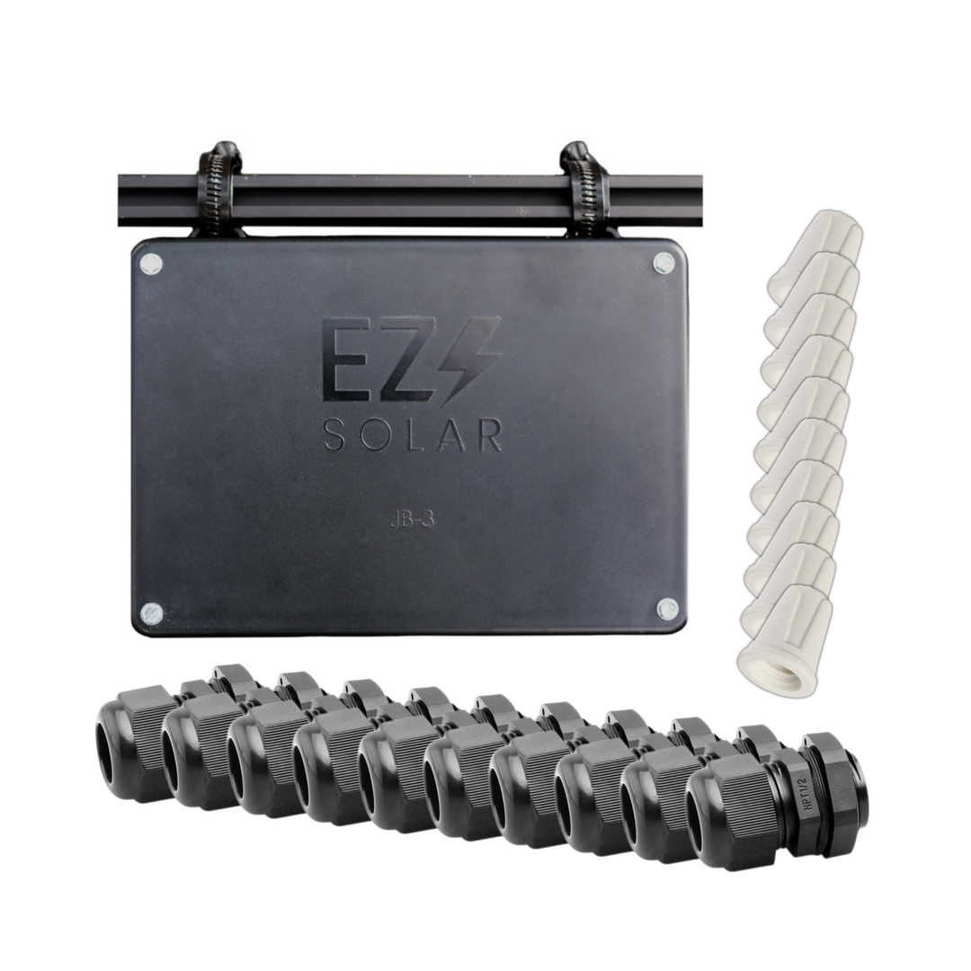 EZ Solar JB-3 Junction Box Kit with Fittings and Easy-Twist Marrettes | Universal Rail/Panel Mount Water Resistant Rooftop Solar Power Junction Box with Connectors