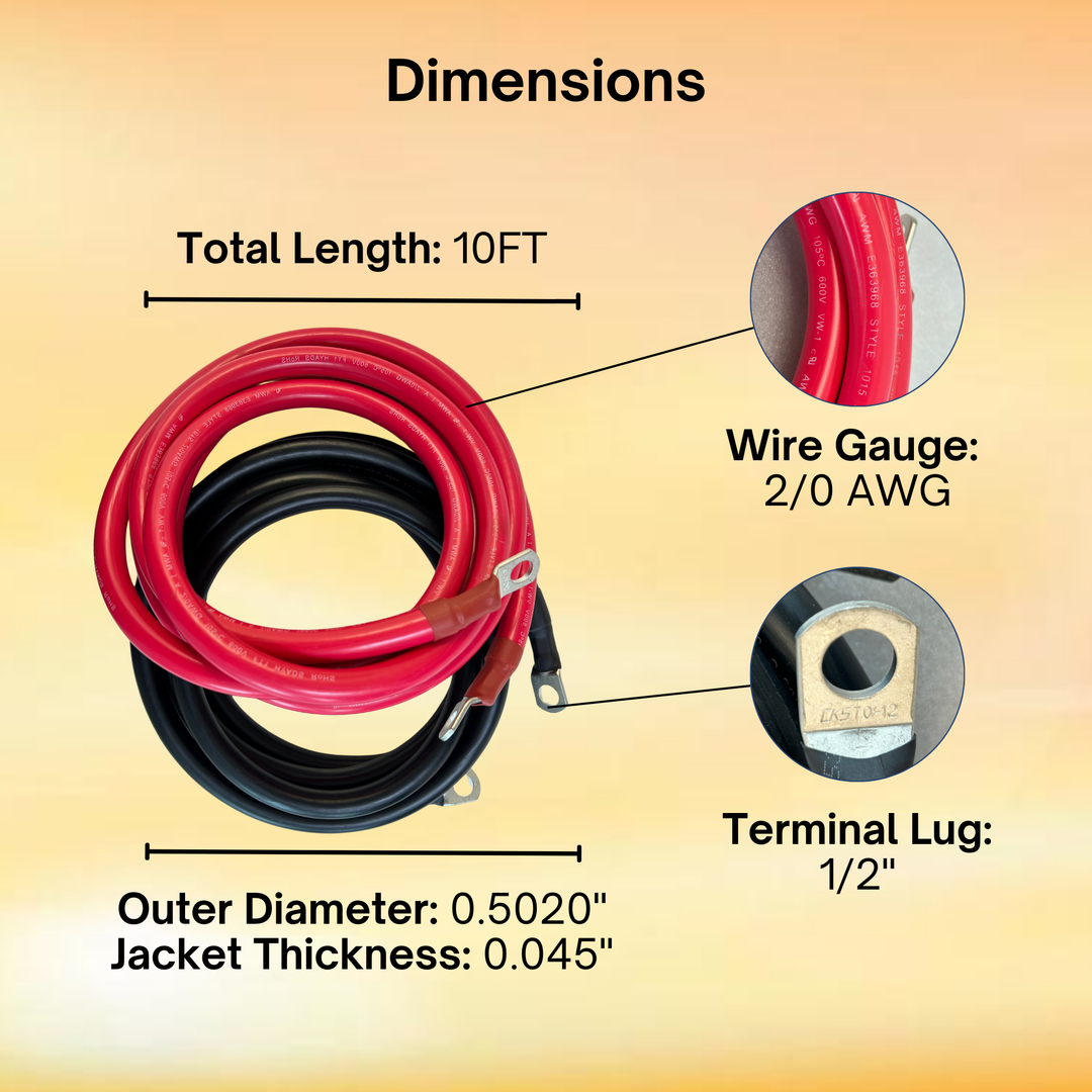 2/0 AWG Solar Battery Extension Cable - Inverter And Battery Cable 2/0awg | Tinned Copper | 200ah| Red And Black 10FT Each