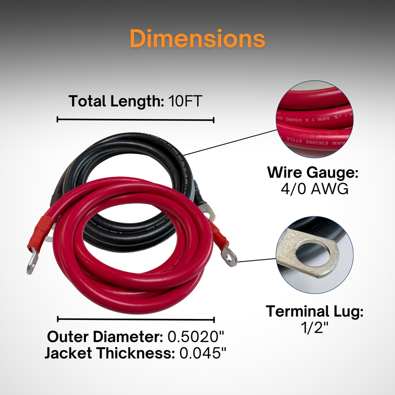 4/0 AWG Solar Battery Extension Cable - Inverter And Battery Cable 4/0 AWG | Tinned Copper | 450ah | Red And Black 10FT Each