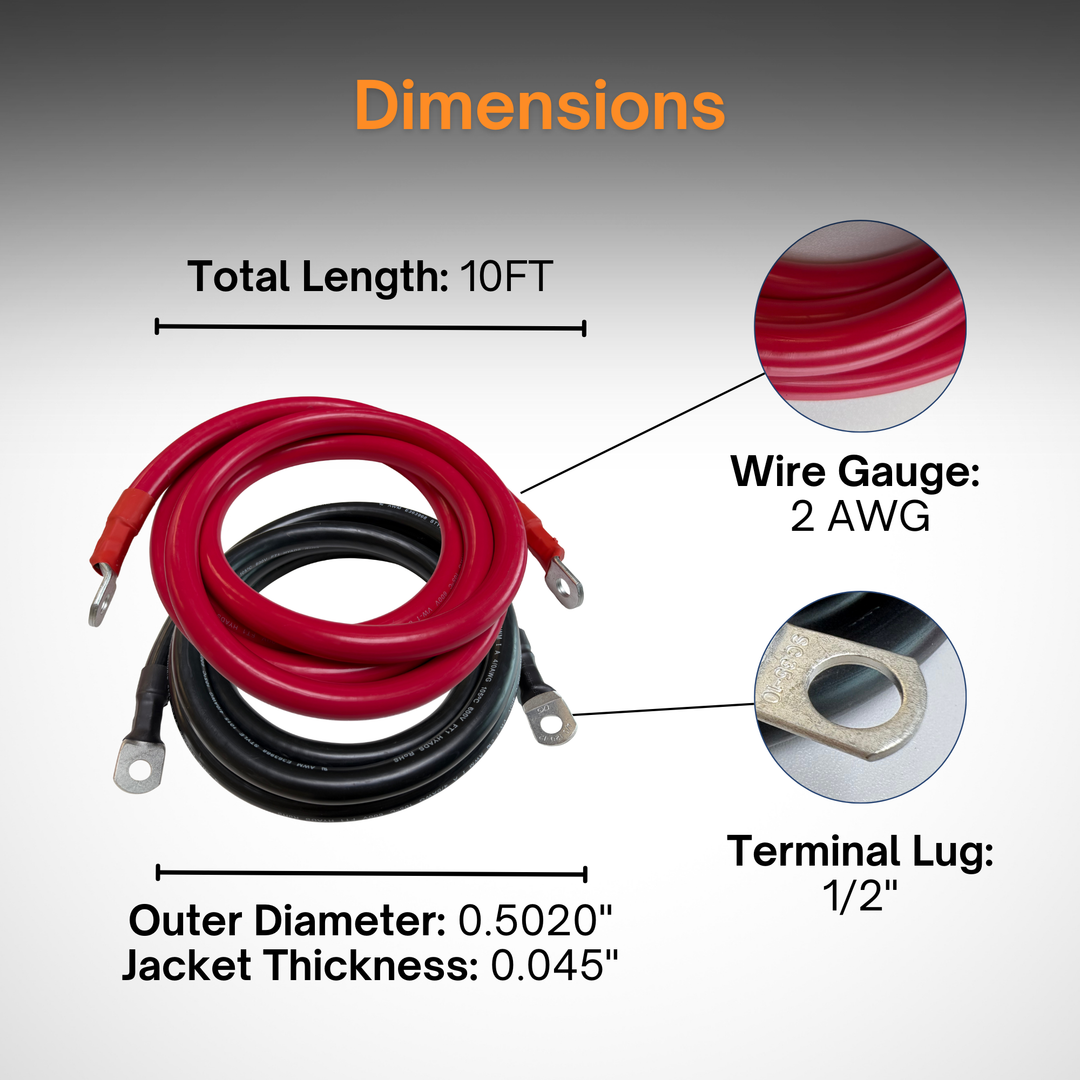 2 AWG Solar Battery Extension Cable - Inverter and Battery Cable 2awg | Tinned Copper 125ah | Red And Black 5FT Each