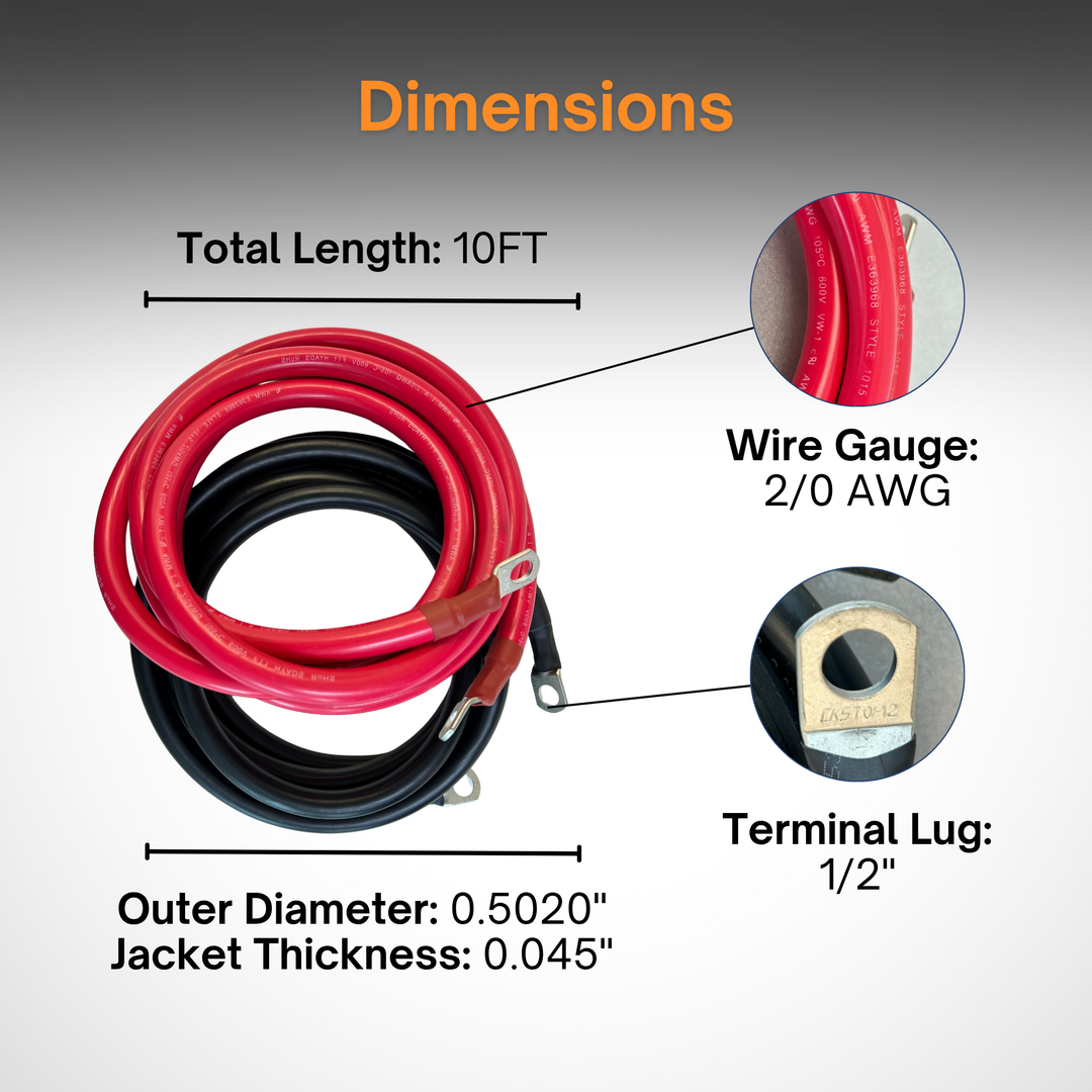 2/0 AWG Solar Battery Extension Cable - Inverter And Battery Cable 2/0awg | Tinned Copper | 200ah| Red And Black 10FT Each
