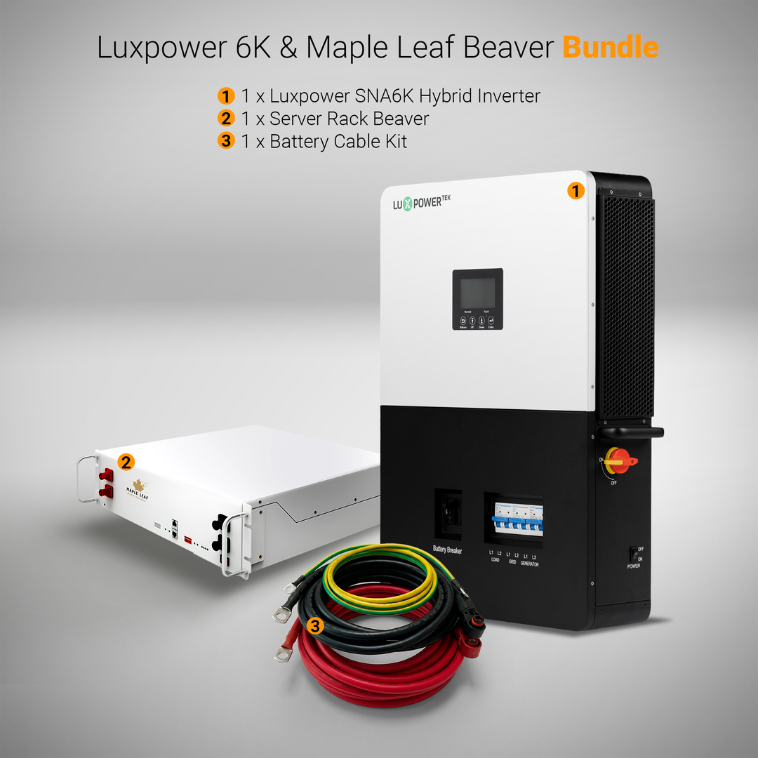 Luxpower LXP6K 6kW Inverter and Maple Leaf Beaver Heated Battery Bundles | 48v 100Ah LiFePO4 Battery and Hybrid Inverter Kits | UL9540 Certified | Complete Off-Grid and Backup Power System w/ Cables and Mount Brackets