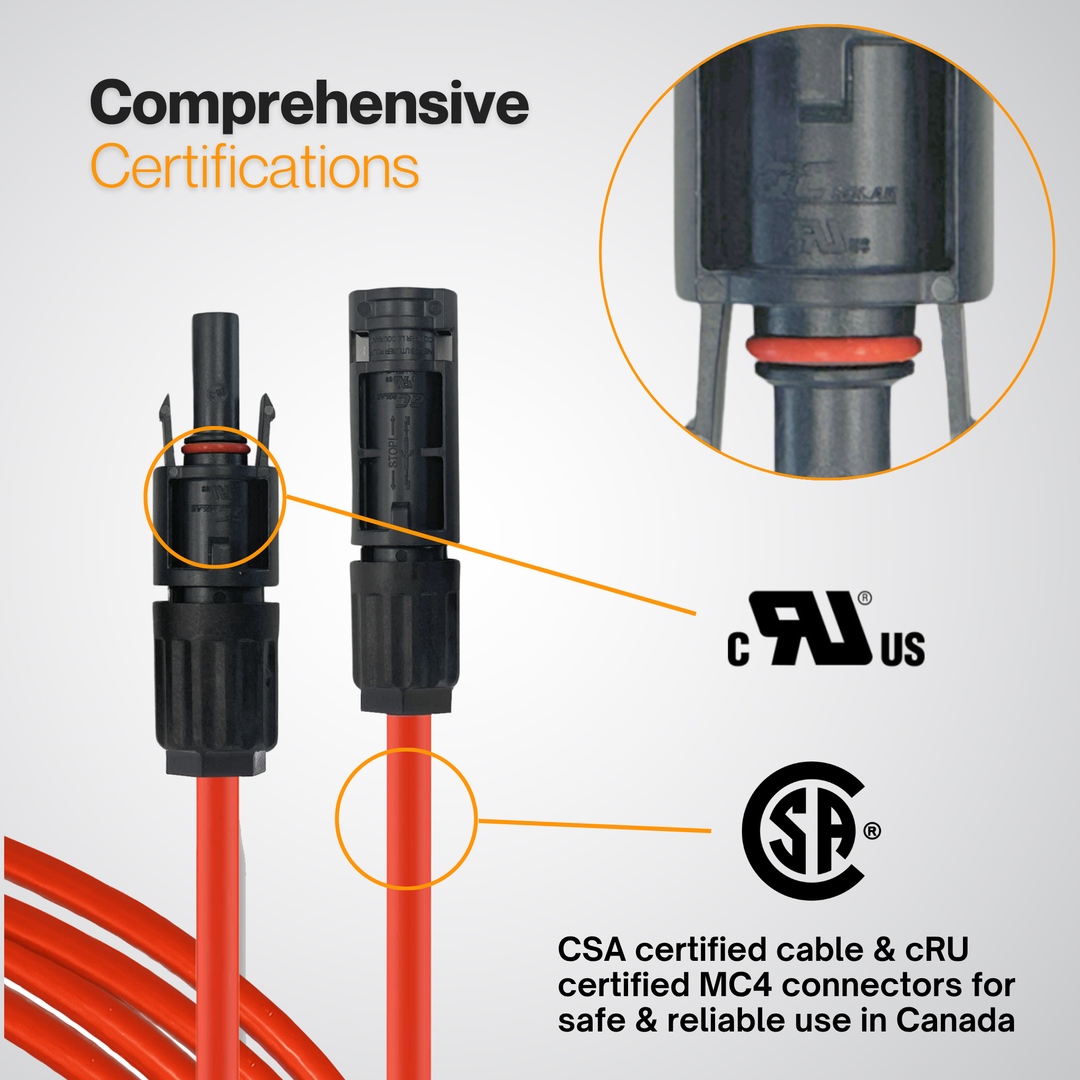 Solar Panel Wire Extension - Pre-Attached MC4s | 10 AWG Tinned Copper Wire | In 10ft, 20ft, 30ft, 50ft Cuts | CSA Approved | 40Ah Ratings