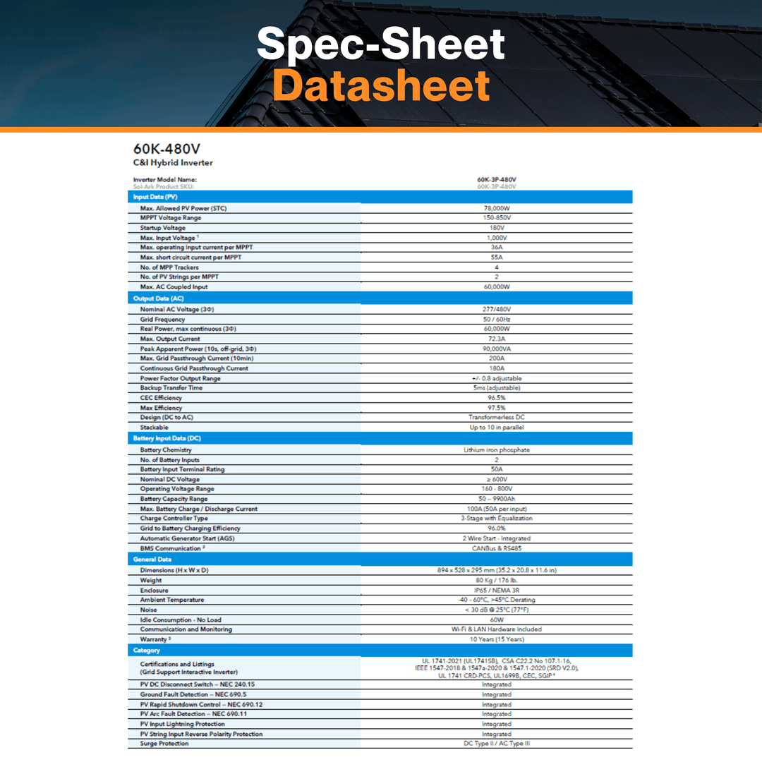 Sol-Ark 60K - 3 Phase Hybrid Inverter | W/ AC/DC Coupling & Stackable | For Commercial/Industrial Systems