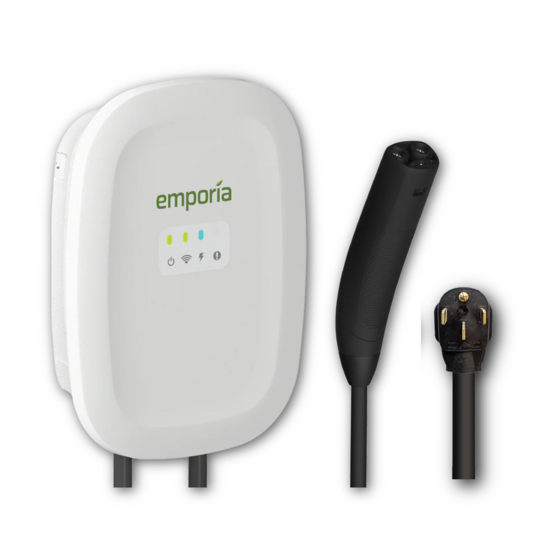 Emporia Level 2 EV Charger | Dual CCS & NACS Connectors | Hardwired or NEMA 14-50 | Black or White | Smart Load Management for Home EV Charging