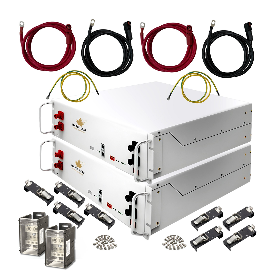 Maple Leaf Beaver Heated Battery Bundles | 2, 4, or 6 Battery Packages | 48V 100Ah LiFePO4 Solar Batteries w/ Cables, Stack Mount Hardware & 350A Bus Bars