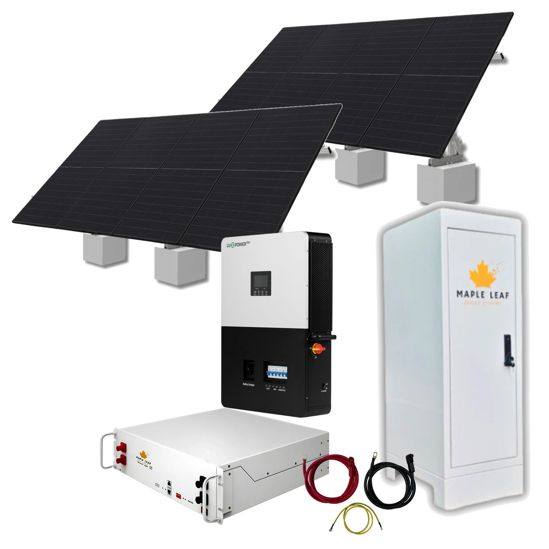 Sump pump battery backup kit with eight 550W solar panels on Maple Leaf Goose ground mounts, Luxpower LXP6K inverter, Beaver Heated battery and Mountie cabinet