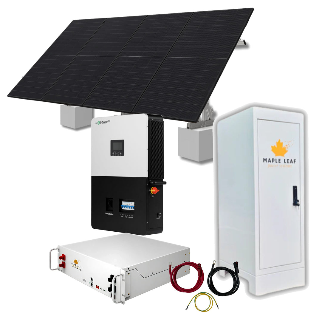 Sump pump battery backup kit with solar panels: Luxpower LXP6K inverter, Beaver Heated battery, Mountie cabinet and four 550W panels on a Maple Leaf Goose ground mount