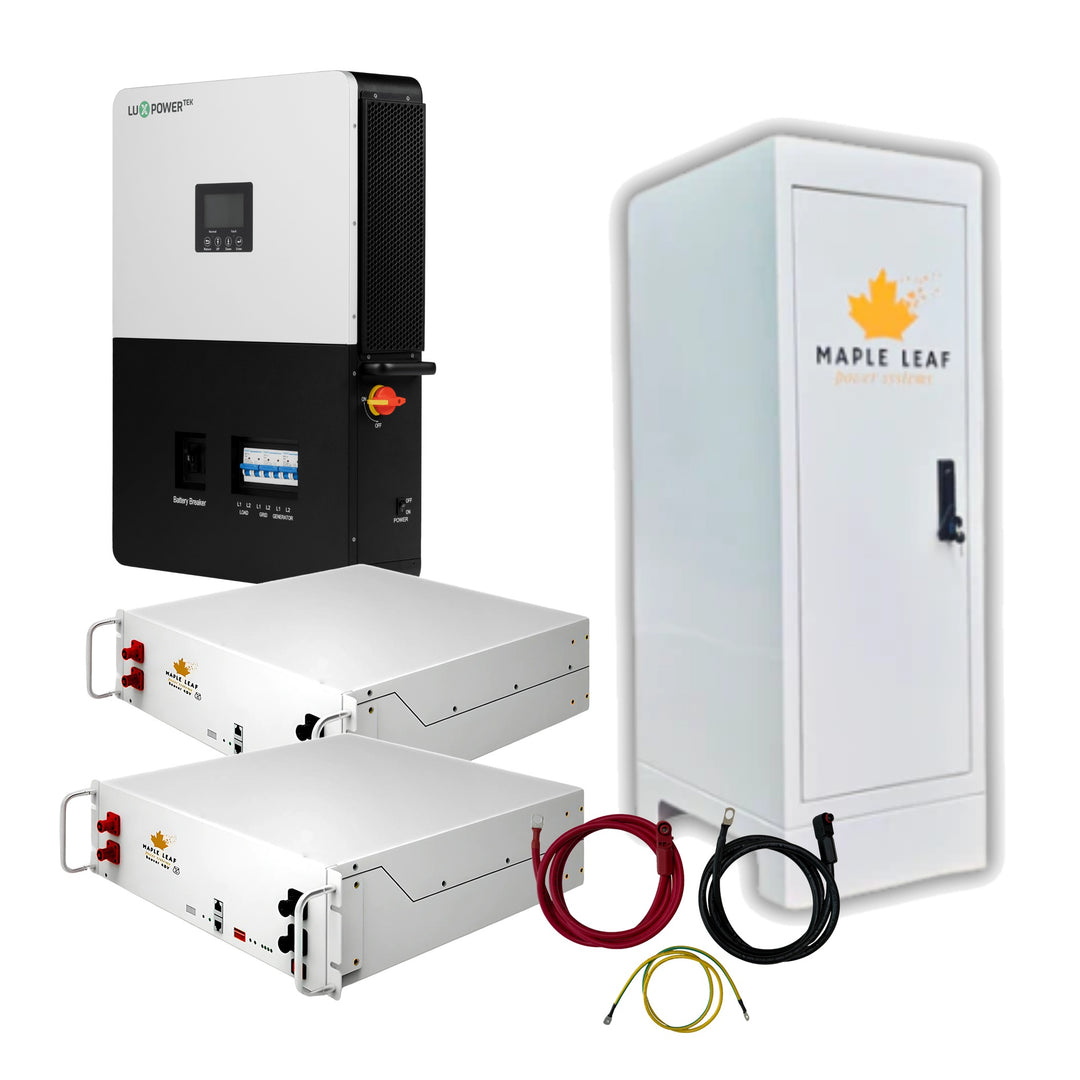 Sump pump battery backup kit with two Maple Leaf Beaver Heated batteries, Luxpower LXP6K inverter and Mountie cabinet