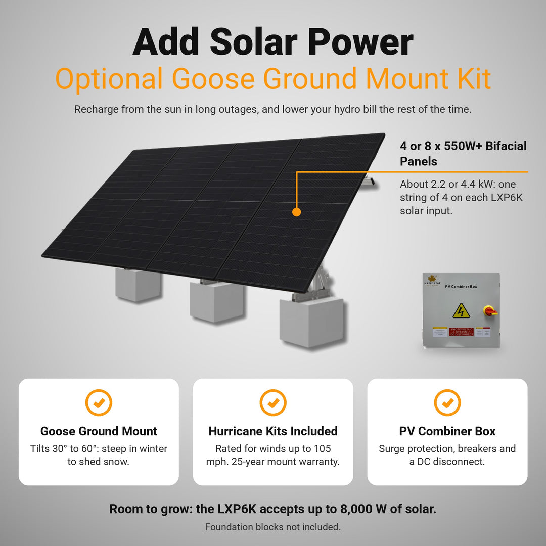 Optional solar add-on: four or eight 550W bifacial panels, Goose ground mount with hurricane kits and PV combiner box