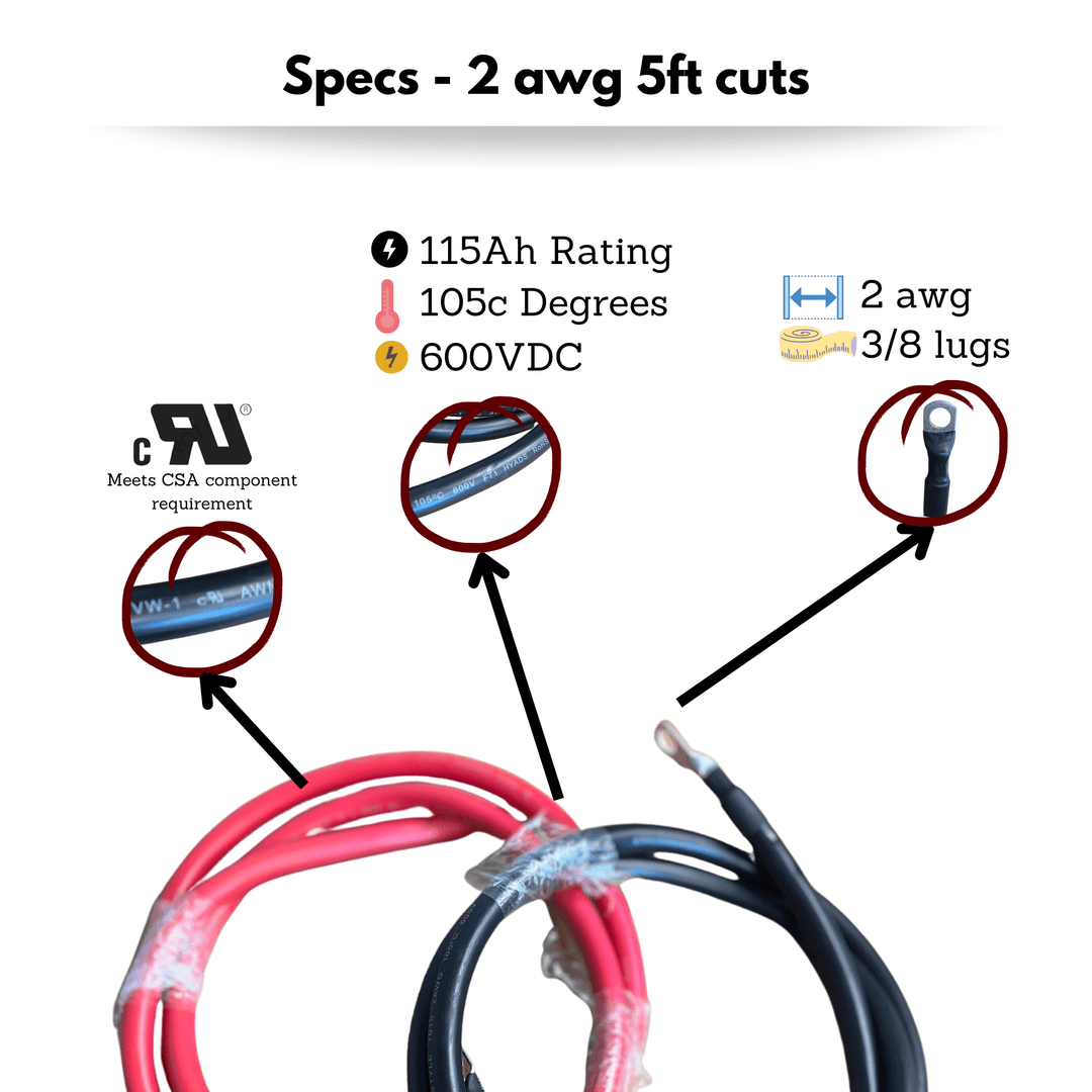 2 AWG Solar Battery Extension Cable - Inverter and Battery Cable 2awg | Tinned Copper 125ah | Red And Black 5FT Each