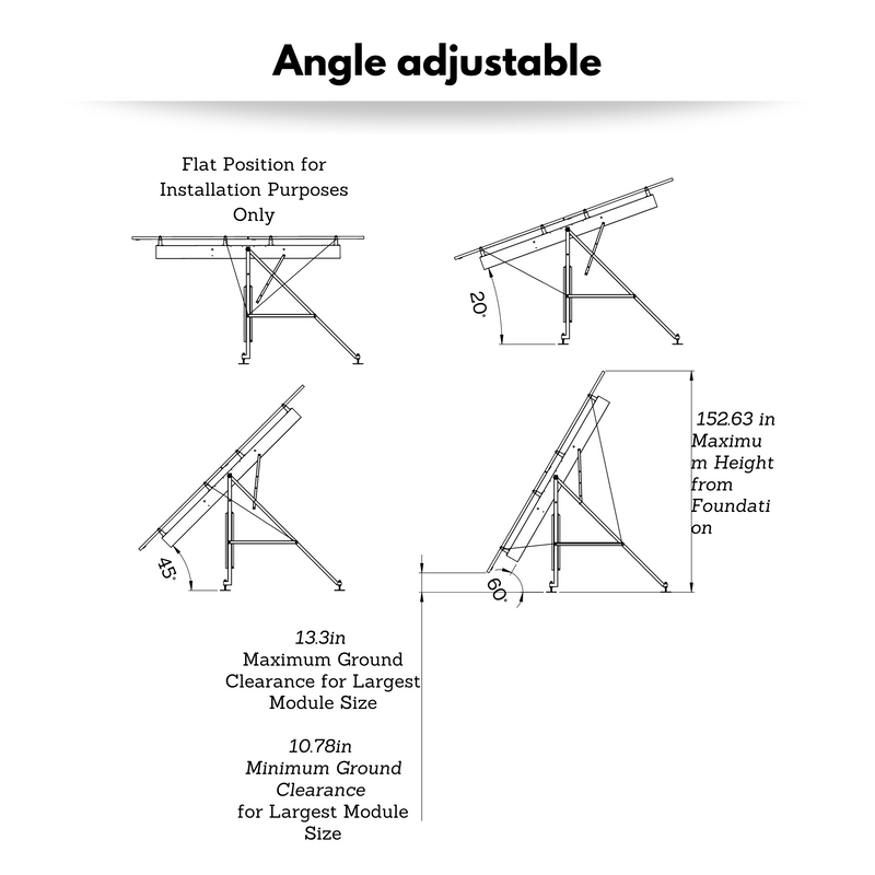 Angle Adjustable Ground Mount Kit - 6, 8, 10, 12 ,16, or 18 Panel Ground Mount Designed In Canada By Kinetic, Winter and Summer Angles