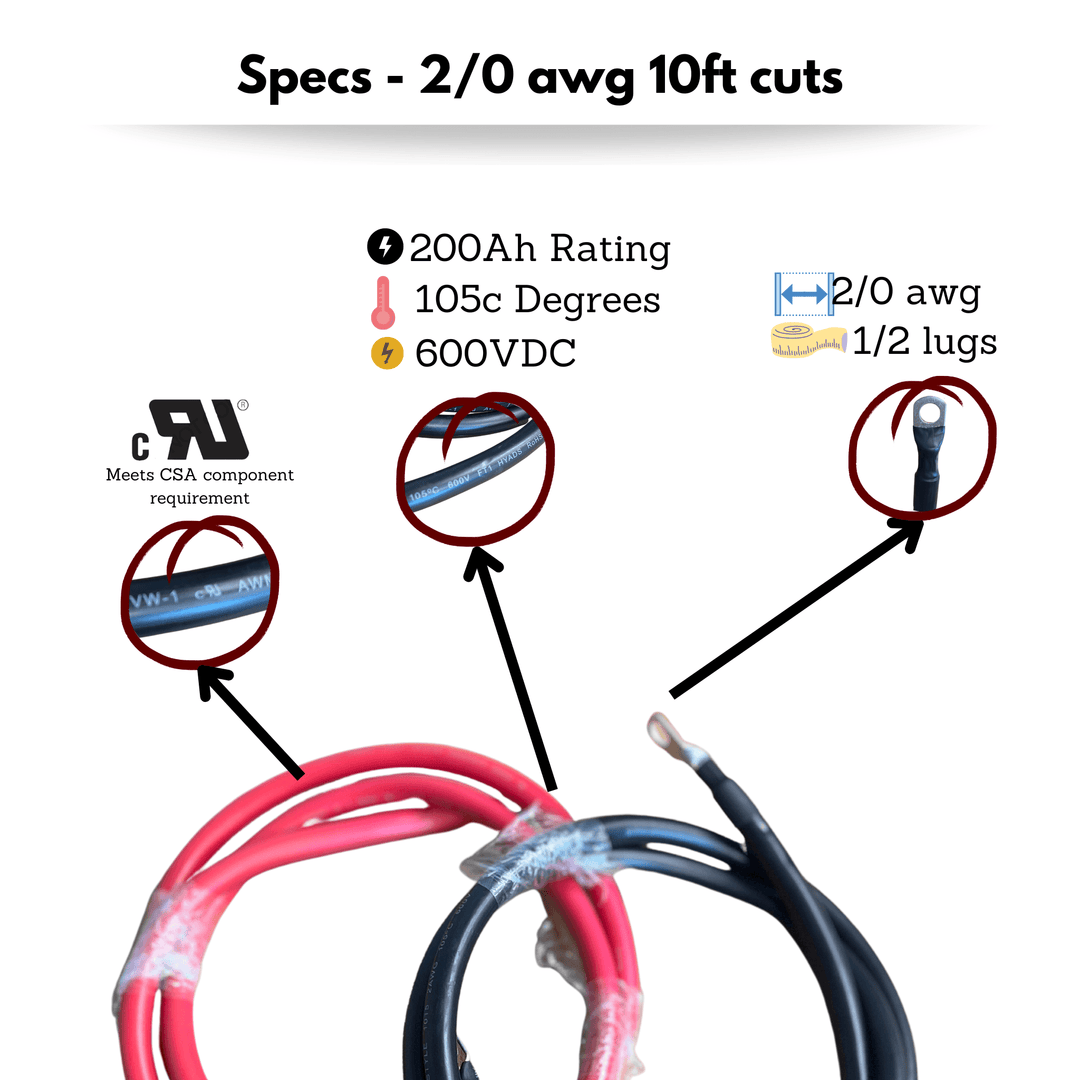 2/0 AWG Solar Battery Extension Cable - Inverter And Battery Cable 2/0awg | Tinned Copper | 200ah| Red And Black 10FT Each