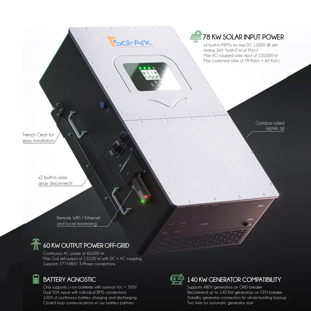 Sol-Ark 60K - 3 Phase Hybrid Inverter | W/ AC/DC Coupling & Stackable | For Commercial/Industrial Systems