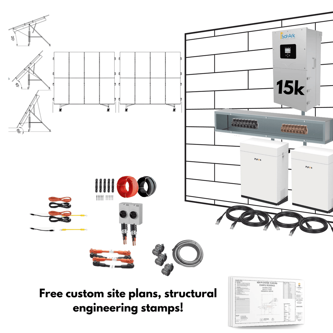 Sol-Ark 15K Hybrid Inverter Solar Kit | Pytes Energy 48V 100AH EBOX | Roof or Ground Mount Options